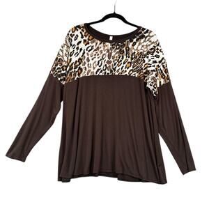 Cool Melon Brown Leopard Print Yoke Crew Neck Long Sleeve Casual Top Size 1X‎